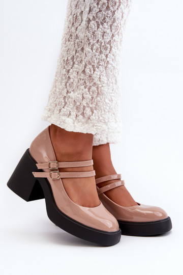 Dark Beige Patent Leather Pumps on Chunky Heel Halmina 2