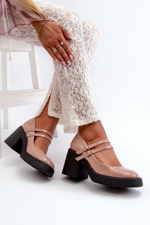 Dark Beige Patent Leather Pumps on Chunky Heel Halmina Dark Beige Patent Leather Pumps on Chunky Heel Halmina