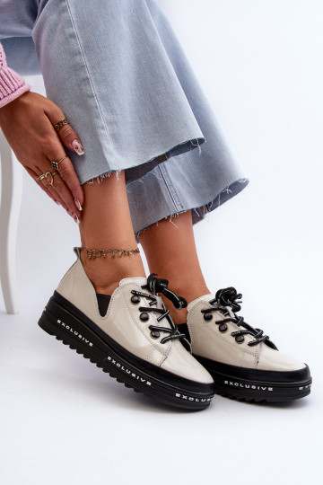Lace-up Women's Platform Shoes Natural Leather Beige S.Barski LR620 2