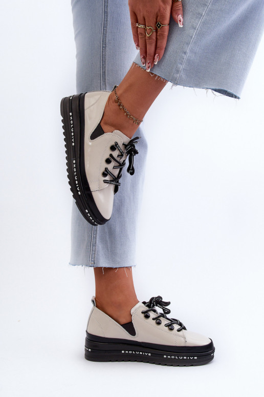 Lace-up Women's Platform Shoes Natural Leather Beige S.Barski LR620 Lace-up Women's Platform Shoes Natural Leather Beige S.Barski LR620