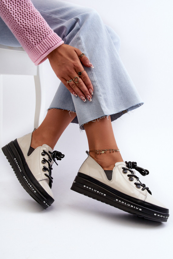 Lace-up Women's Platform Shoes Natural Leather Beige S.Barski LR620