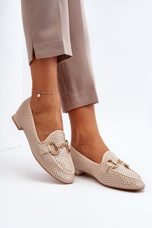 Women's moccasins with wide heels with ornaments beige Iluvana
