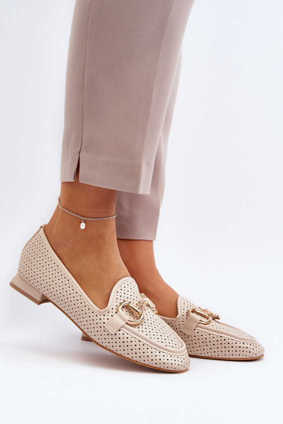 Women's moccasins with wide heels with ornaments beige Iluvana