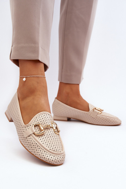 Women's moccasins with wide heels with ornaments beige Iluvana