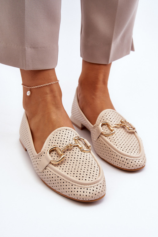 Women's moccasins with wide heels with ornaments beige Iluvana