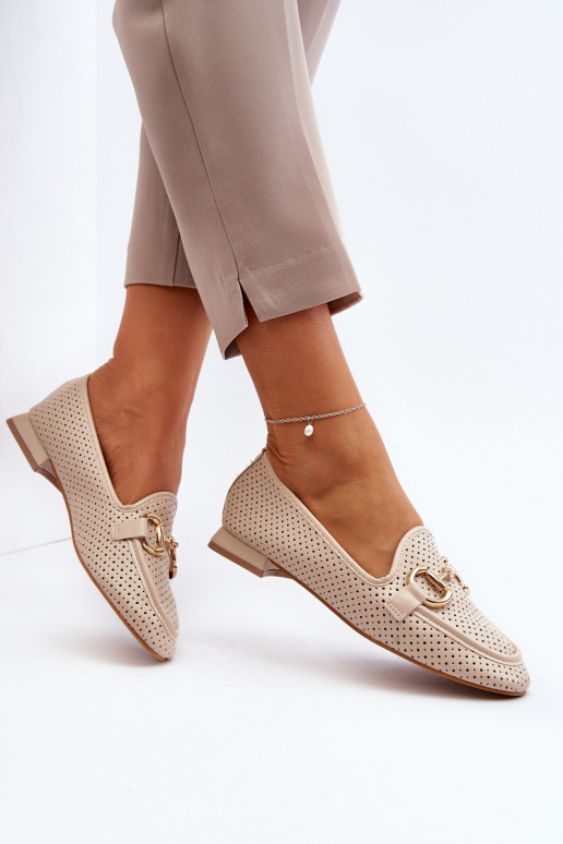 Women's moccasins with wide heels with ornaments beige Iluvana