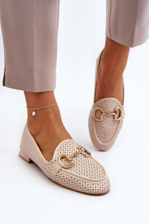 Women's moccasins with wide heels with ornaments beige Iluvana
