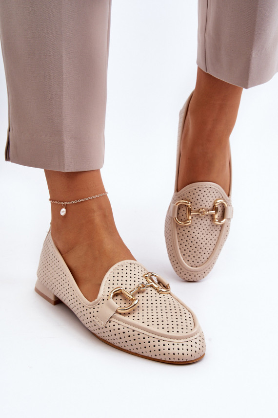 Women's moccasins with wide heels with ornaments beige Iluvana
