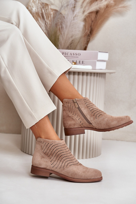 Women's Flat Heeled Perforated Boots Beige S.Barski HY42-076