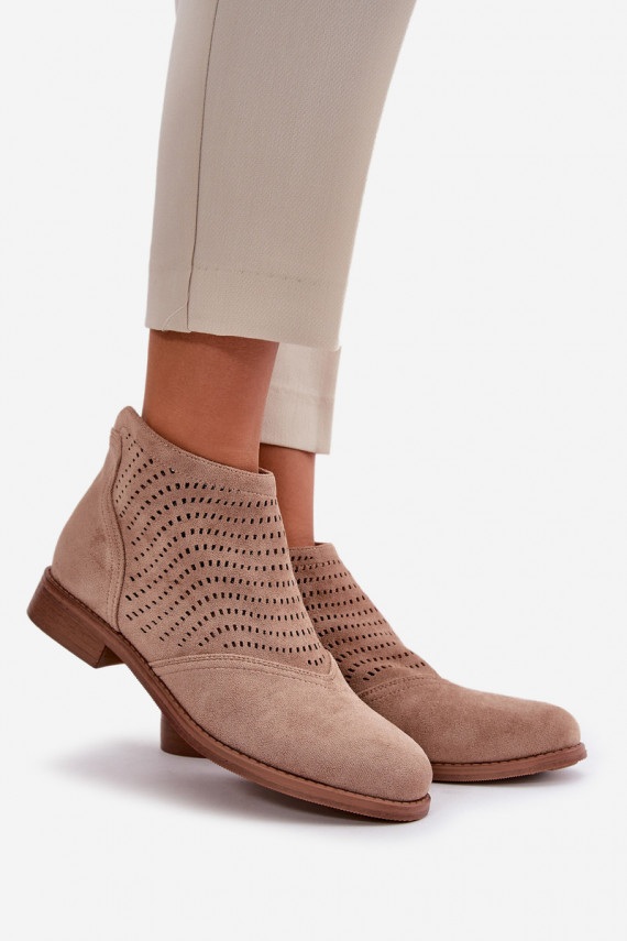 Women's Flat Heeled Perforated Boots Beige S.Barski HY42-076