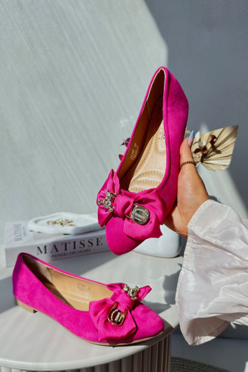Women's Eco Suede Ballerinas with Ribbons Pink Satris 2