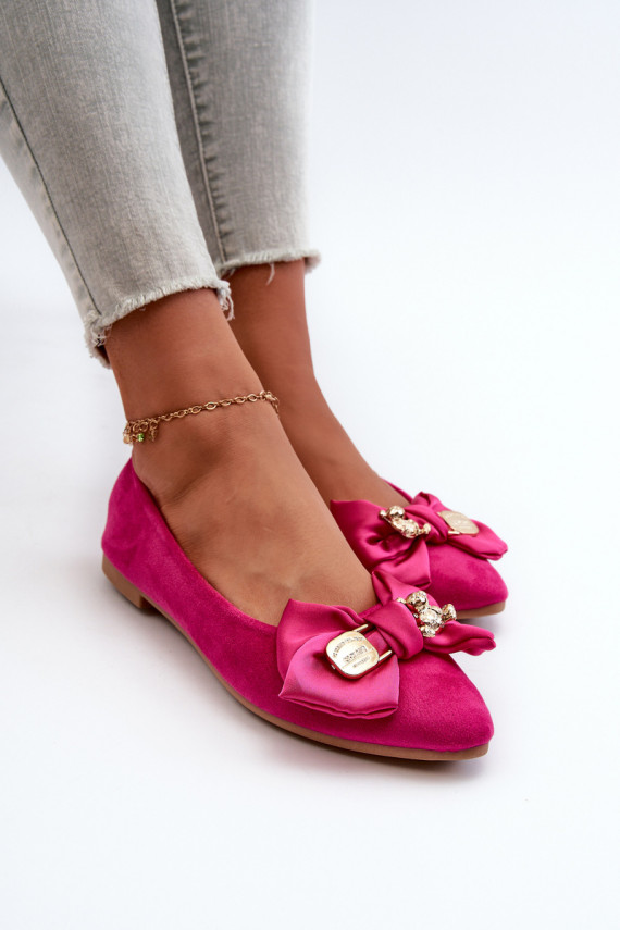 Women's Eco Suede Ballerina Flats with Bow and Brooch Fuchsia Satris