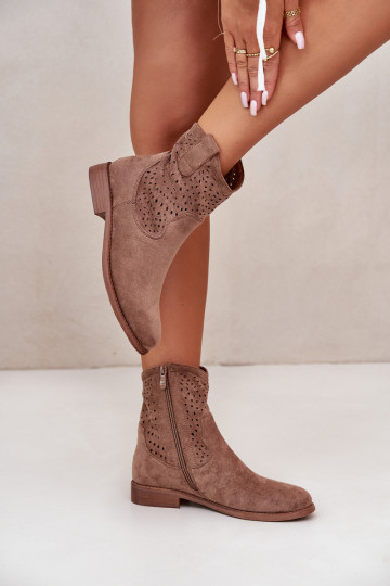 Women's perforated ankle boots with flat heel brown S.Barski HY42-135 2
