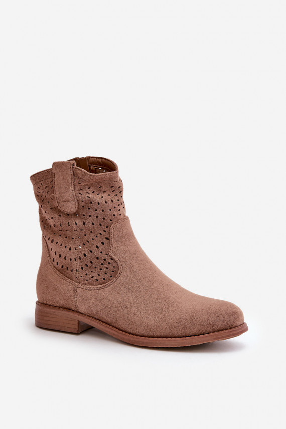 Women's perforated ankle boots with flat heel brown S.Barski HY42-135