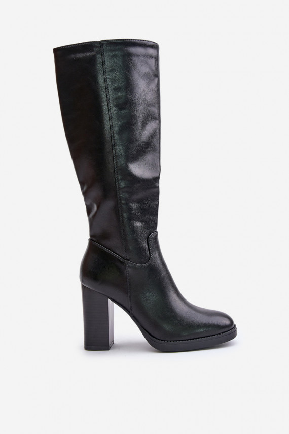 Knee High Block Heel Eco Leather Boots Black Riamaya