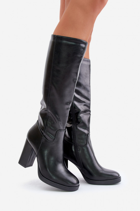 Knee High Block Heel Eco Leather Boots Black Riamaya