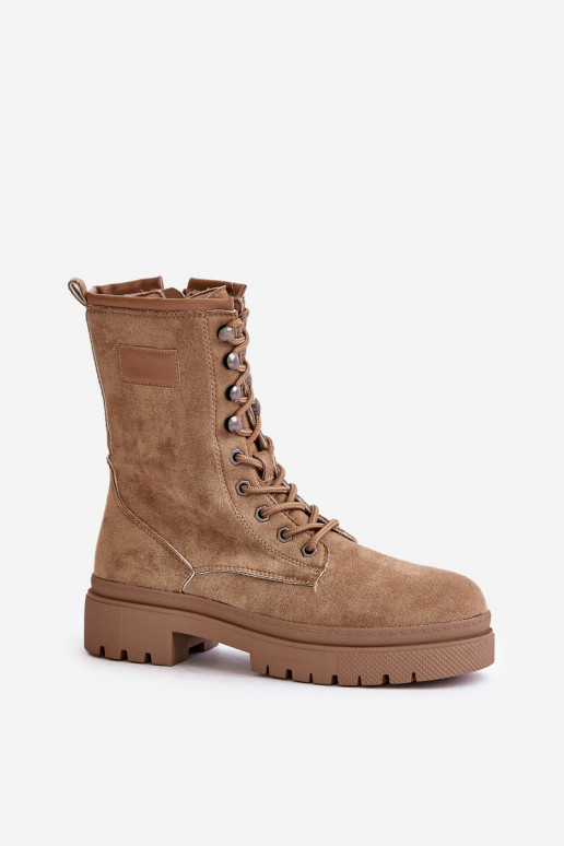 Women s Worker Boots With Zipper Made Of Eco Suede Dark Beige Savalann Women s Worker Boots With Zipper Made Of Eco Suede Dark Beige Savalann