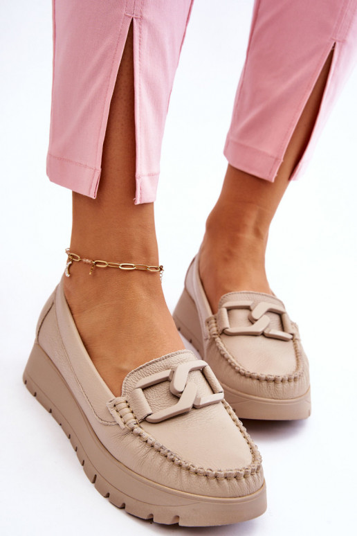 Zazoo 10141 Leather Platform Loafers with Decoration Beige Zazoo 10141 Leather Platform Loafers with Decoration Beige