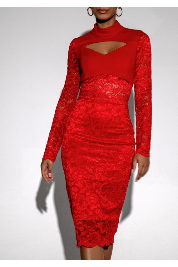 Suzane - MIDI red dress decorated with lace