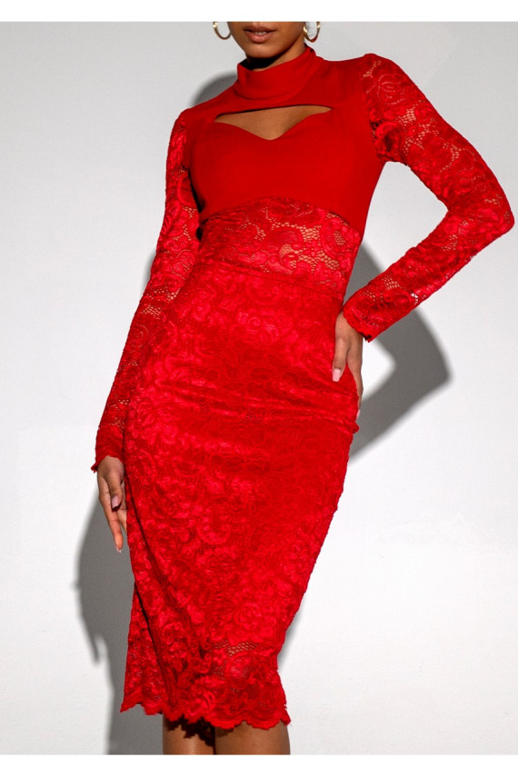 Suzane - MIDI red dress decorated with lace