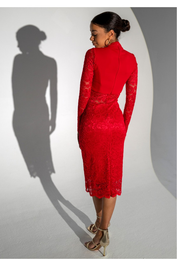 Suzane - MIDI red dress decorated with lace