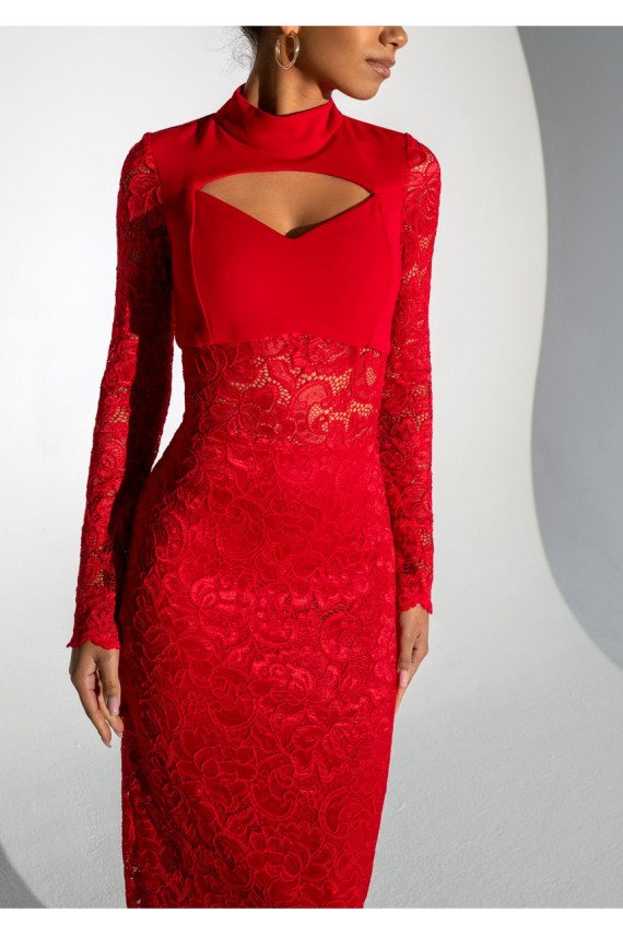 Suzane - MIDI red dress decorated with lace