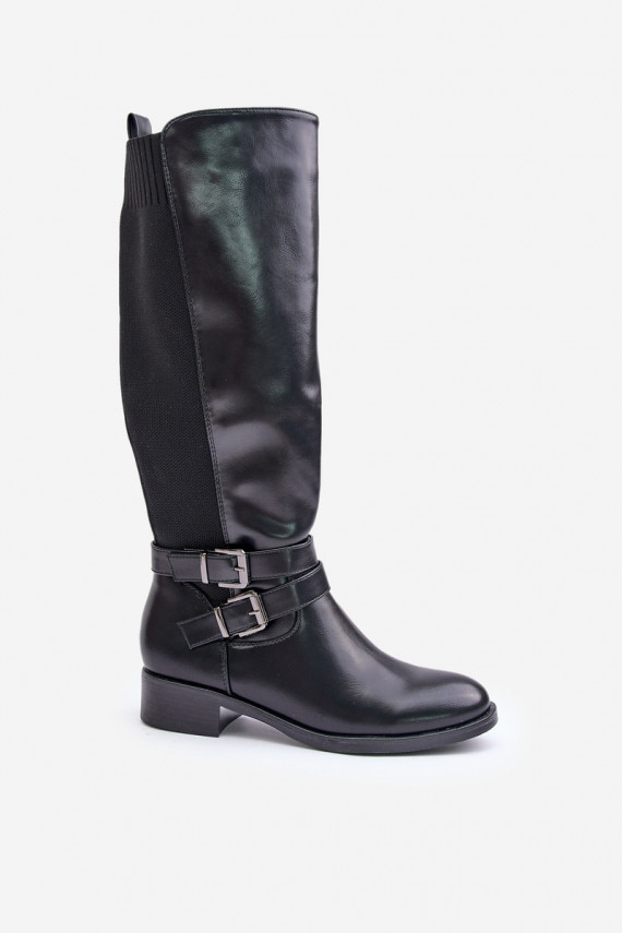 Knee High Women's Boots with Flat Heels and Buckles Black Lotina