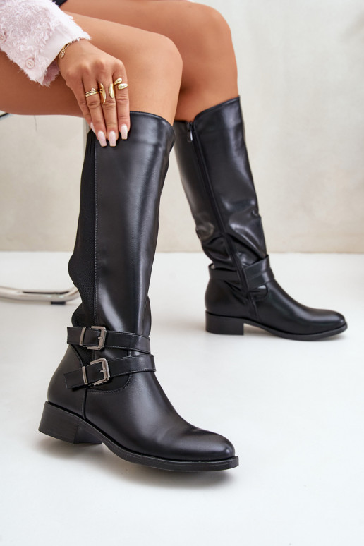 Knee High Women's Boots with Flat Heels and Buckles Black Lotina Knee High Women's Boots with Flat Heels and Buckles Black Lotina