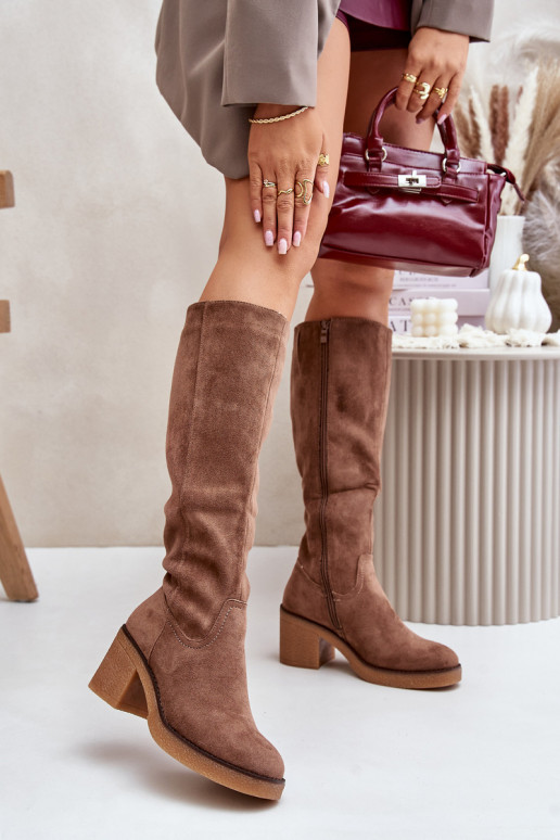Warm Heeled Boots Eco Suede Over Knee Brown Leamirael Warm Heeled Boots Eco Suede Over Knee Brown Leamirael