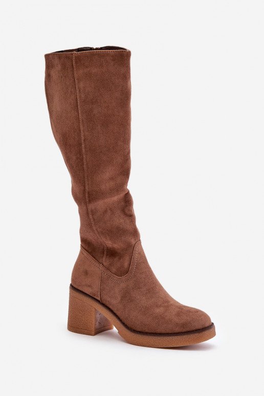 Warm Heeled Boots Eco Suede Over Knee Brown Leamirael Warm Heeled Boots Eco Suede Over Knee Brown Leamirael