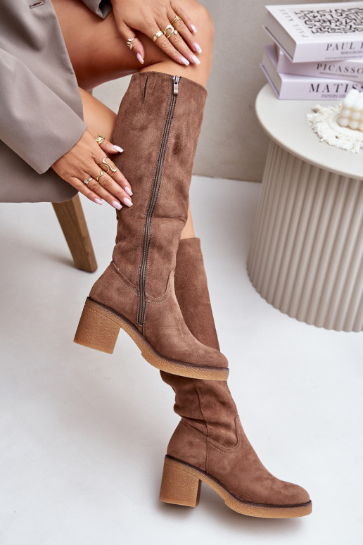 Warm Heeled Boots Eco Suede Over Knee Brown Leamirael Warm Heeled Boots Eco Suede Over Knee Brown Leamirael