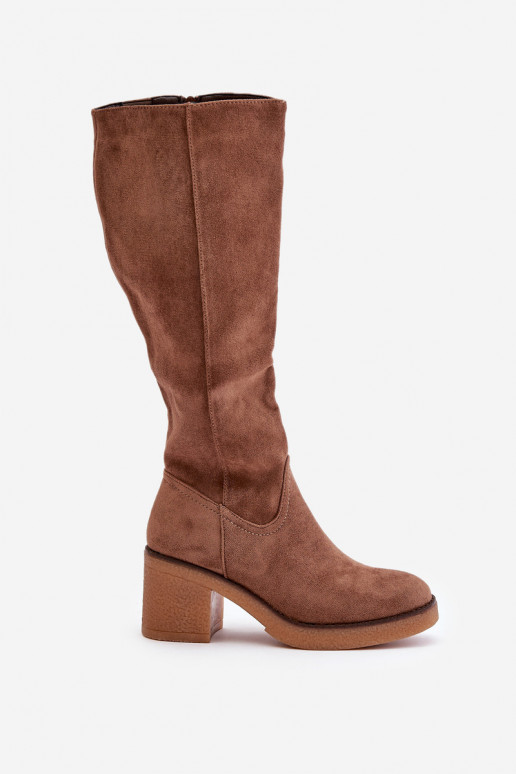 Warm Heeled Boots Eco Suede Over Knee Brown Leamirael Warm Heeled Boots Eco Suede Over Knee Brown Leamirael