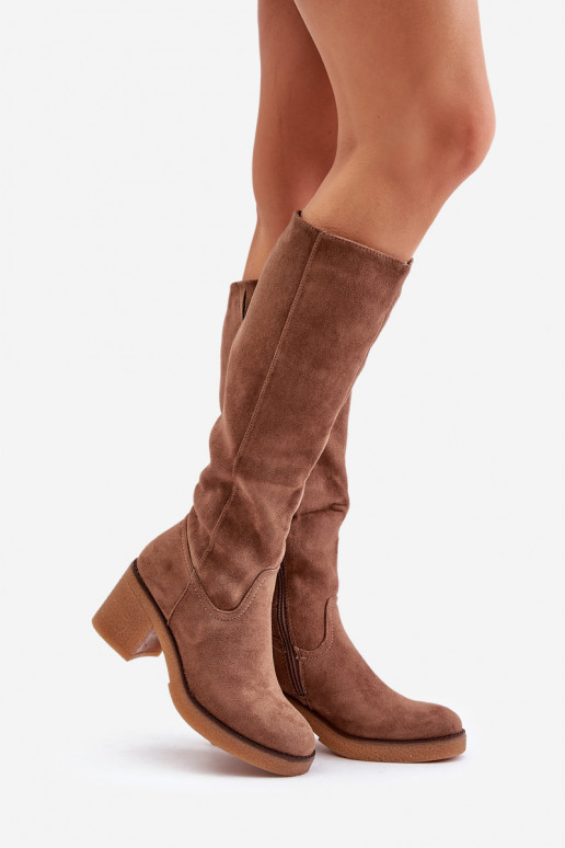 Warm Heeled Boots Eco Suede Over Knee Brown Leamirael Warm Heeled Boots Eco Suede Over Knee Brown Leamirael