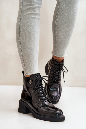 Leather Patent Ankle Boots On Block Warm D&A JC42-78 Black