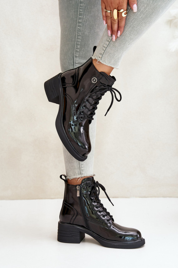 Leather Patent Ankle Boots On Block Warm D&A JC42-78 Black