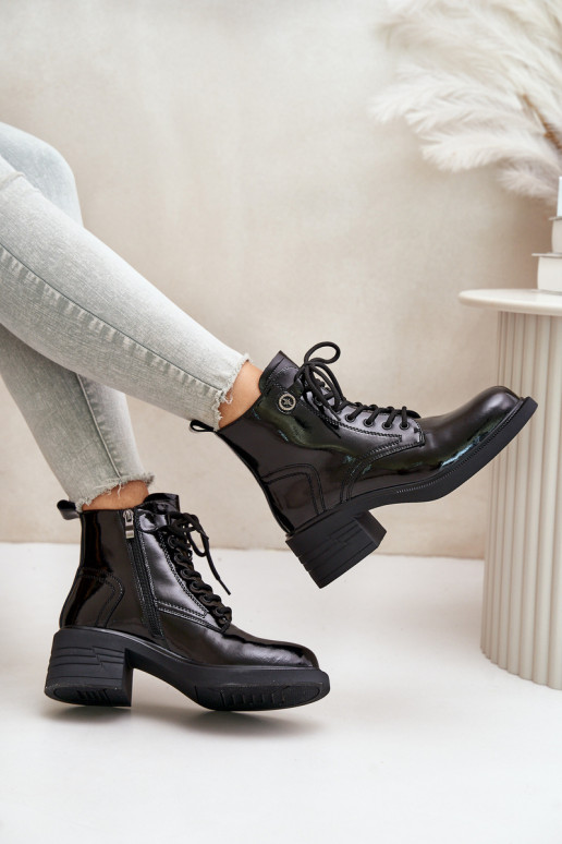 Leather Patent Ankle Boots On Block Warm D&A JC42-78 Black Leather Patent Ankle Boots On Block Warm D&A JC42-78 Black