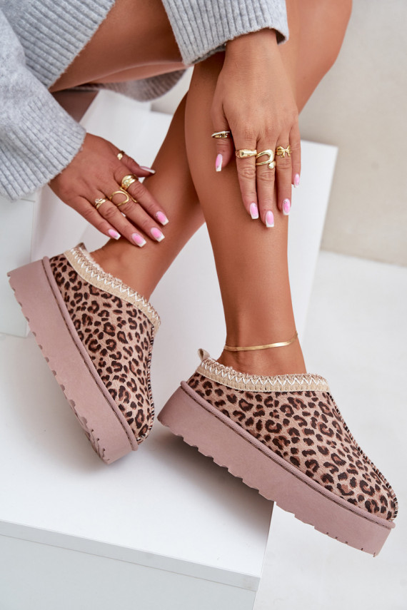 Women's Platform Snow Boots Insulated With Fur Leopard Brown Straps