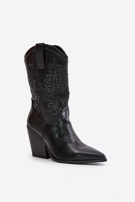 Insulated Cowboy Boots On Heel With Decoration Black Arlitta