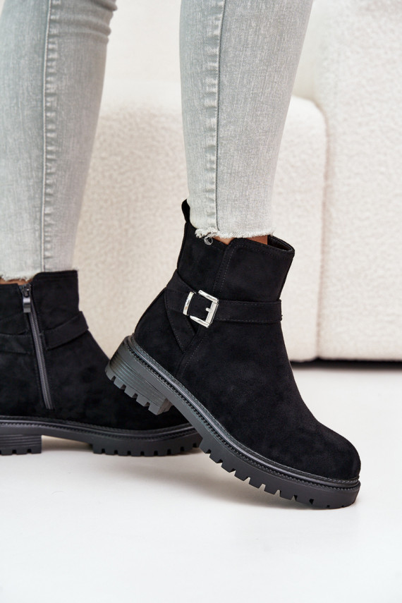 Insulated ankle boots with zipper and buckle black Kikiella
