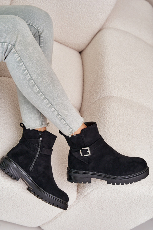 Insulated ankle boots with zipper and buckle black Kikiella Insulated ankle boots with zipper and buckle black Kikiella