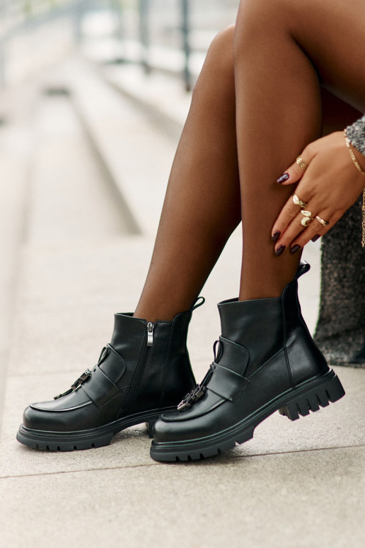 Leather Ankle Boots With Flat Heel And Decoration Insulated Black Asperra Leather Ankle Boots With Flat Heel And Decoration Insulated Black Asperra