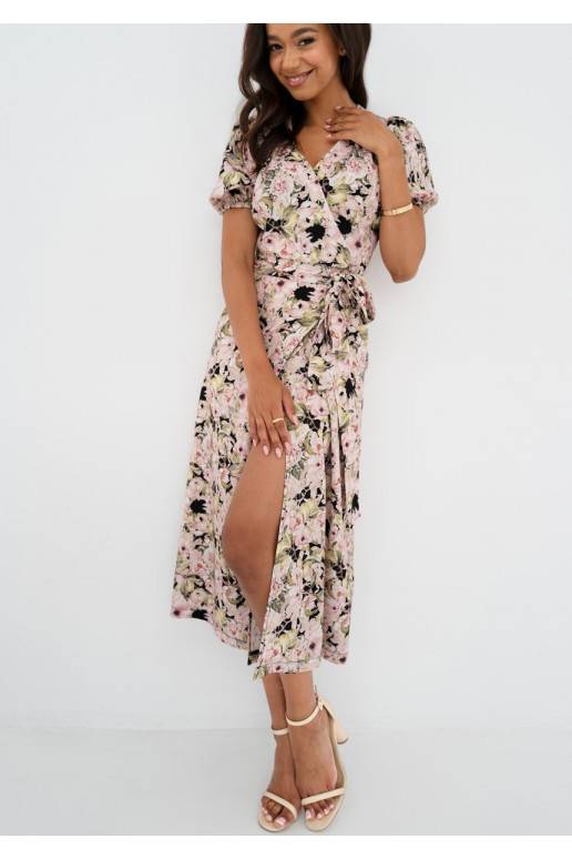 Selma - Pink flowers printed wrap dress