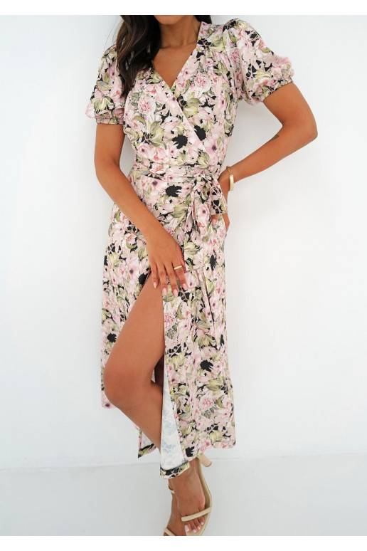 Selma - Pink flowers printed wrap dress