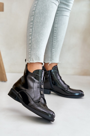 Lacquered Ankle Boots With Zipper Insulated Flat Heel S.Barski HY42-717 Black 2