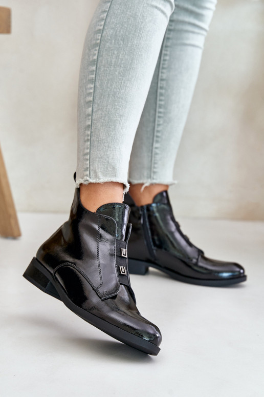 Lacquered Ankle Boots With Zipper Insulated Flat Heel S.Barski HY42-717 Black Lacquered Ankle Boots With Zipper Insulated Flat Heel S.Barski HY42-717 Black