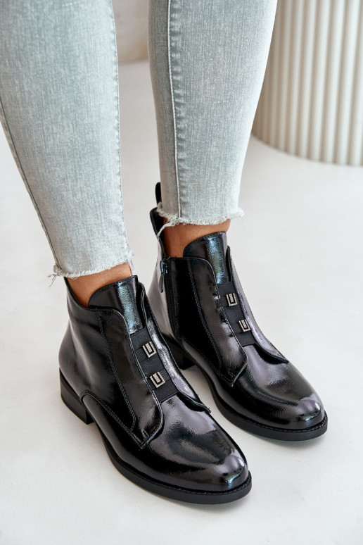 Lacquered Ankle Boots With Zipper Insulated Flat Heel S.Barski HY42-717 Black Lacquered Ankle Boots With Zipper Insulated Flat Heel S.Barski HY42-717 Black