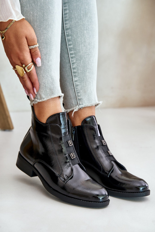 Lacquered Ankle Boots With Zipper Insulated Flat Heel S.Barski HY42-717 Black Lacquered Ankle Boots With Zipper Insulated Flat Heel S.Barski HY42-717 Black