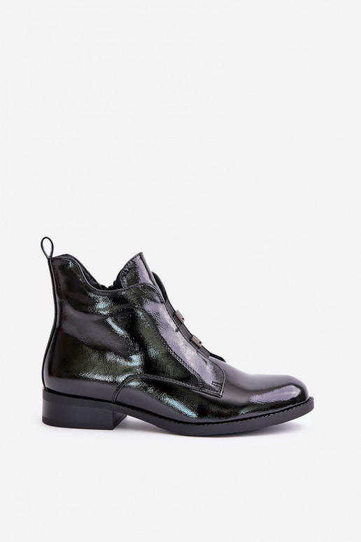 Lacquered Ankle Boots With Zipper Insulated Flat Heel S.Barski HY42-717 Black Lacquered Ankle Boots With Zipper Insulated Flat Heel S.Barski HY42-717 Black