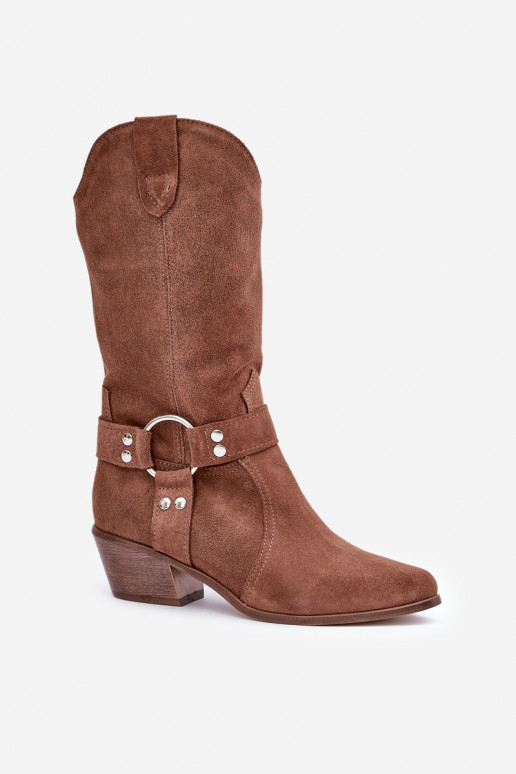 Zazoo Suede Cowboy Boots Ladies Mid Calf Brown