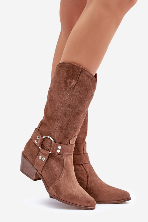 Zazoo Suede Cowboy Boots Ladies Mid Calf Brown